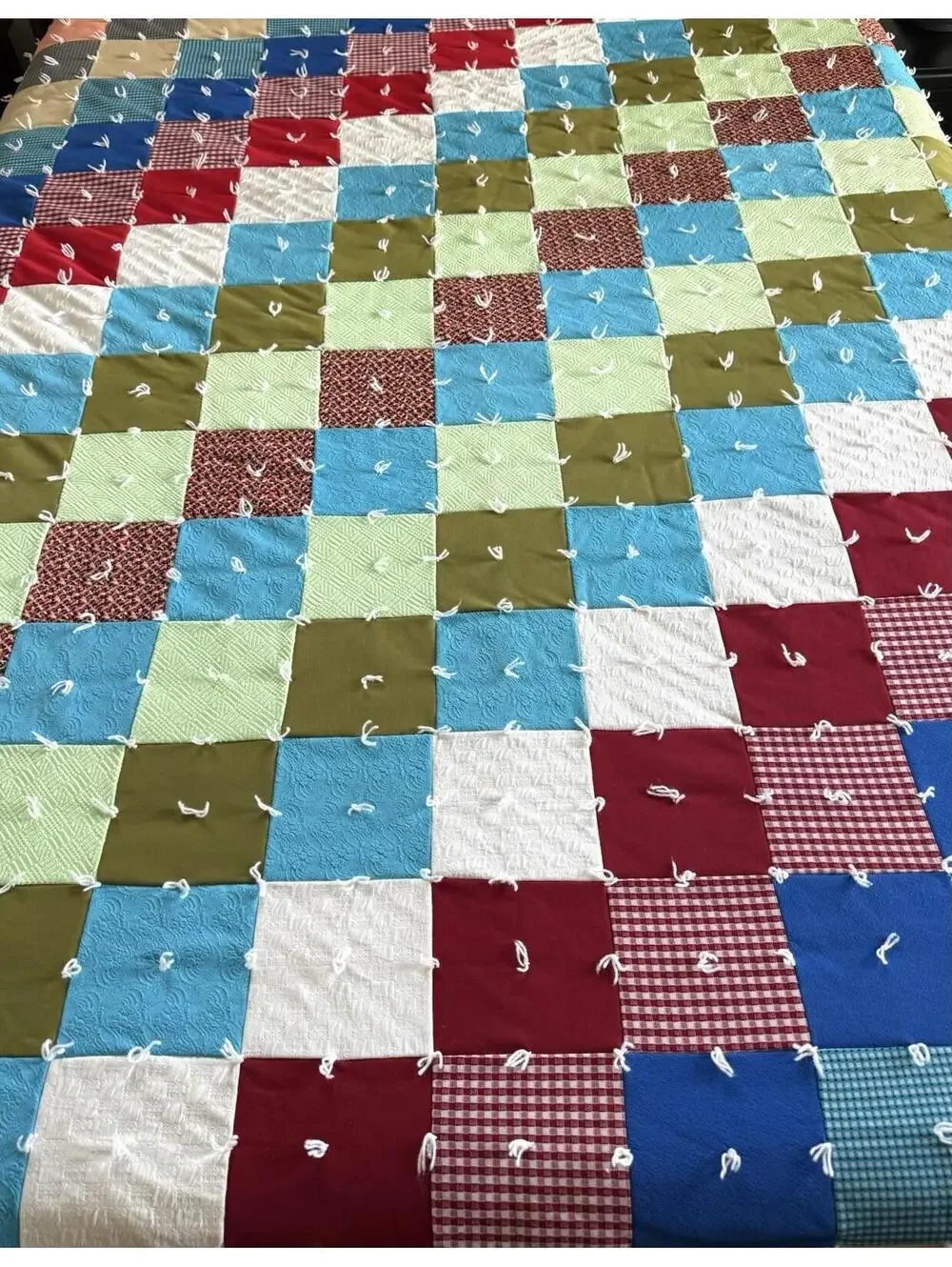 Vintage Hand Tied Patchwork Quilt Checkerboard Cottagecore 74x89 Farmhouse